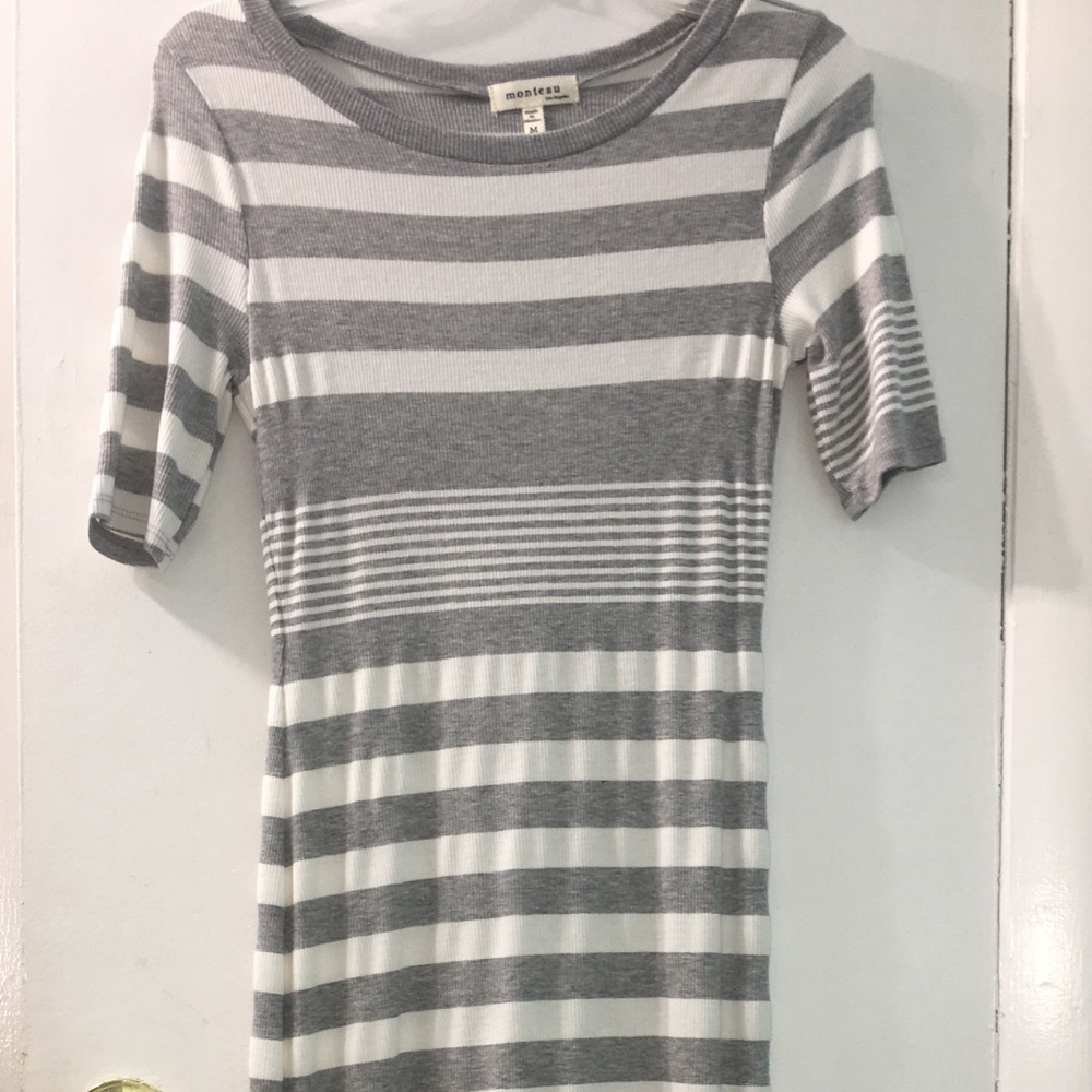Grey and White Striped Midi Body Con Dress